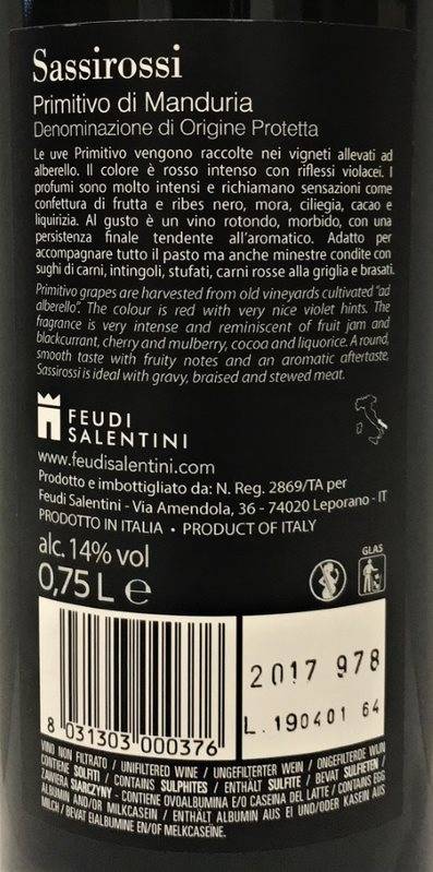 Etiketa Sassirossi Primitivo di Manduria 