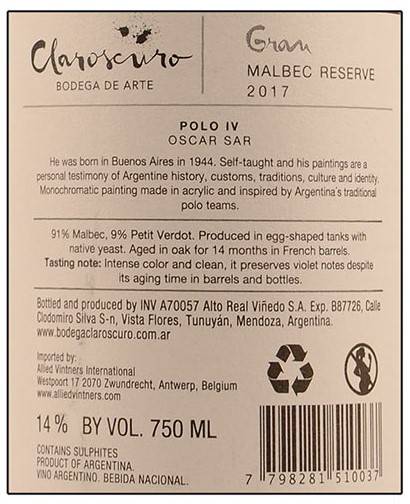 Etiketa Malbec Gran reserva-Claroscuro