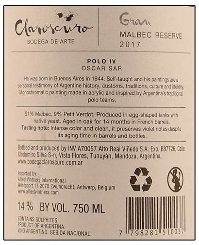 Etiketa Malbec Gran reserva-Claroscuro