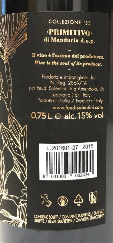 Etiketa Collezione 53 Primitivo di Manduria old vines