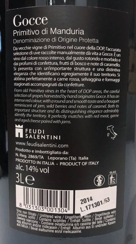 Etiketa Gocce Primitivo di Manduria 3L