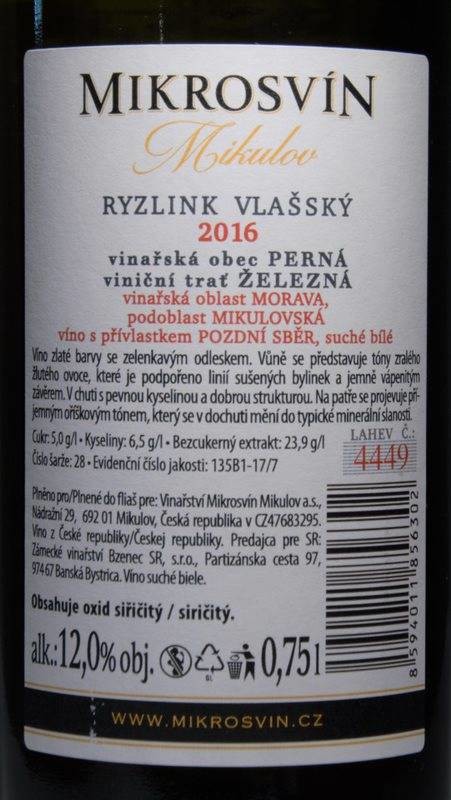 Etiketa Ryzlink vlašský Železná