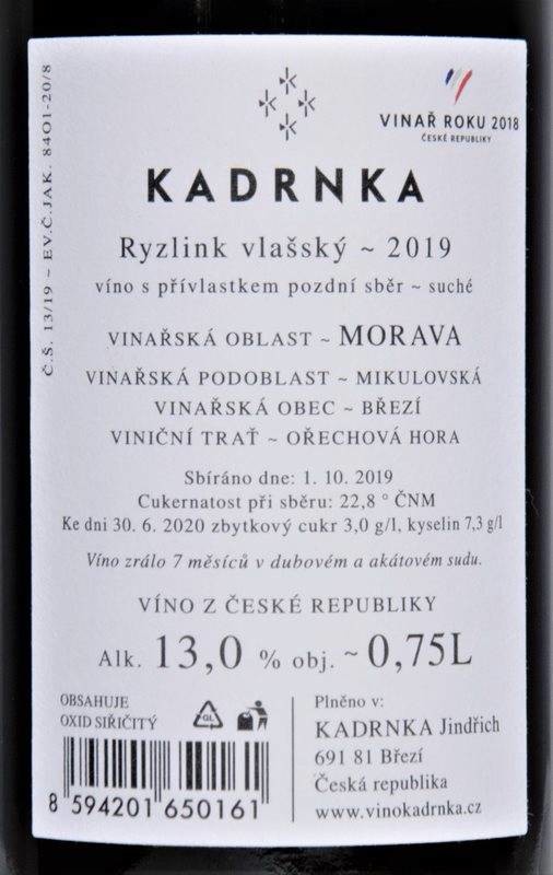 Etiketa K2 Ryzlink vlašský Ořechová hora