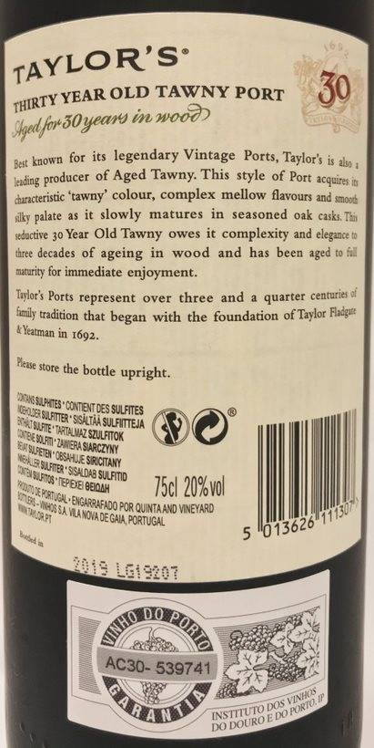 Etiketa Taylor\'s 30 years old Tawny