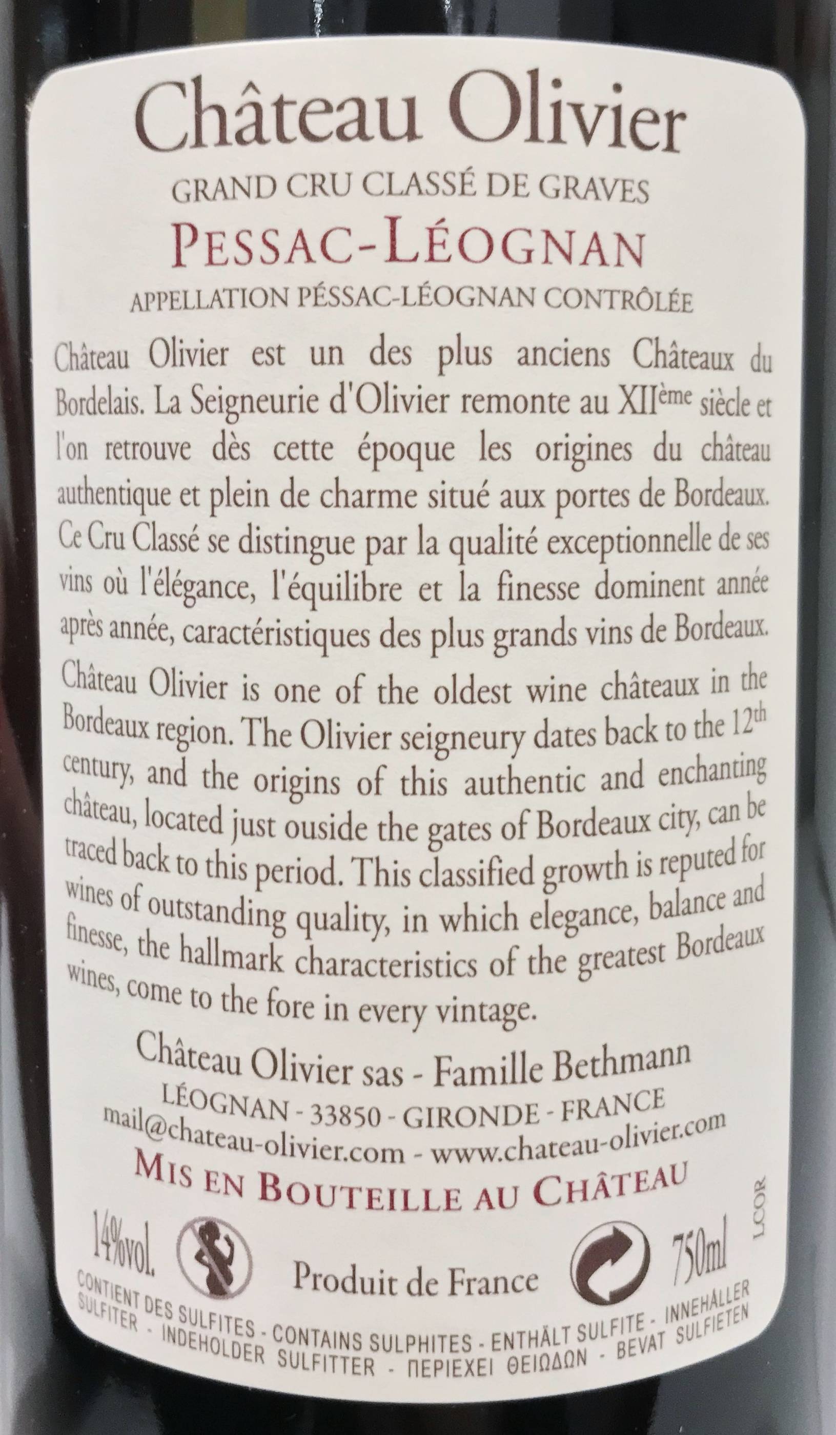 Etiketa Château Olivier Grand Cru classé 