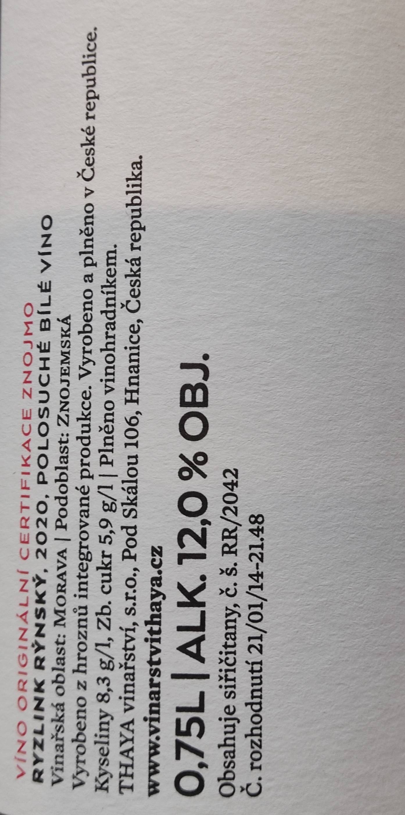 Etiketa Ryzlink rýnský 