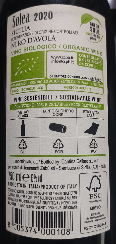 Etiketa Nero d\'Avola Biologico \