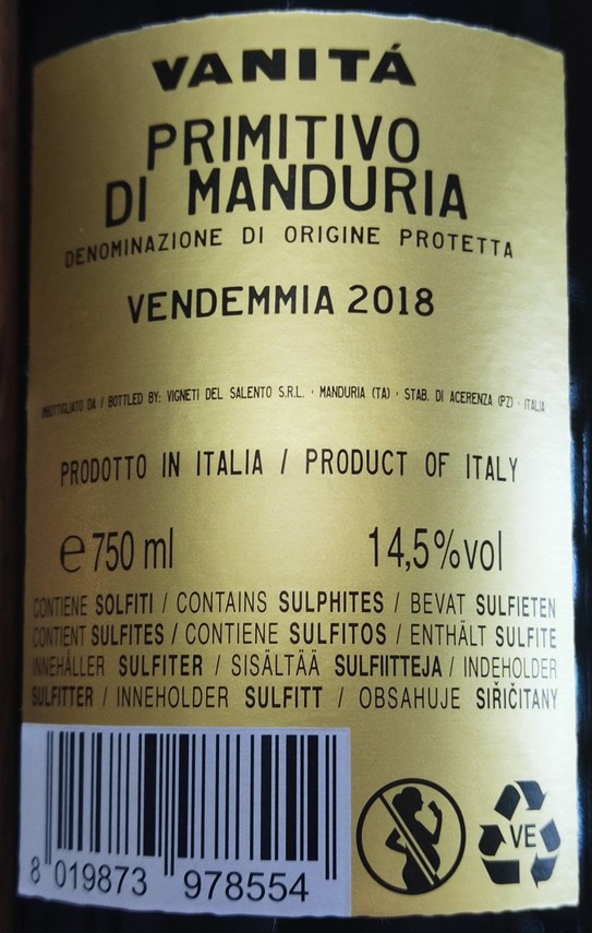 Etiketa Primitivo di Manduria, Vanitá