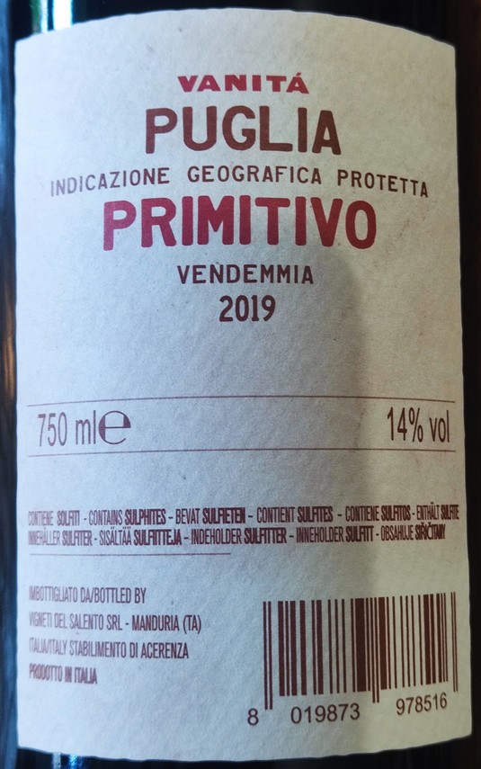 Etiketa Primitivo, Vanitá