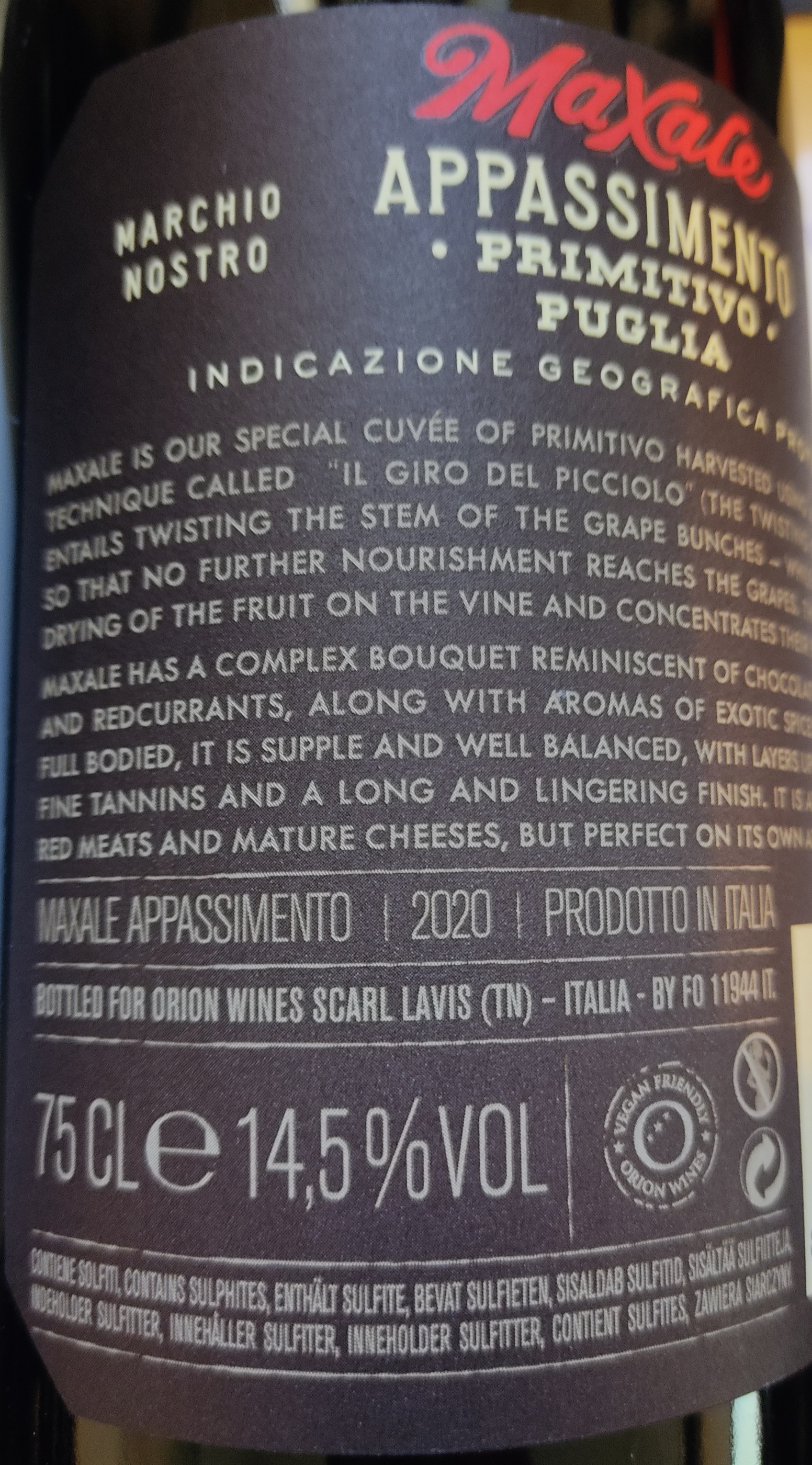 Etiketa MAXALE Primitivo Appasimento