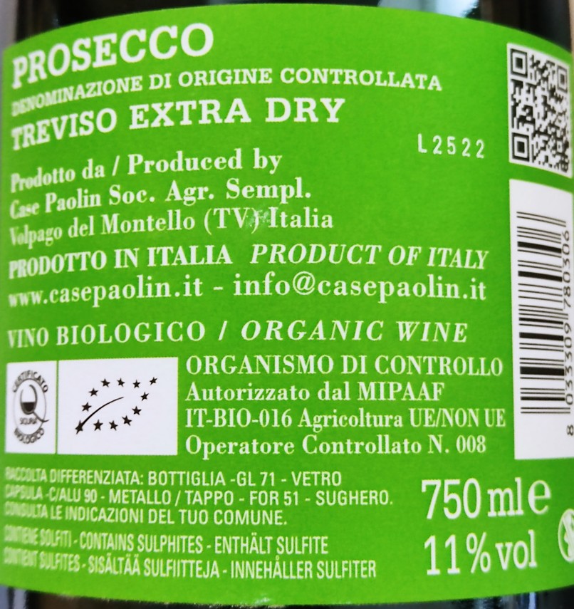 Etiketa BIO Prosecco Spumante Extra Dry