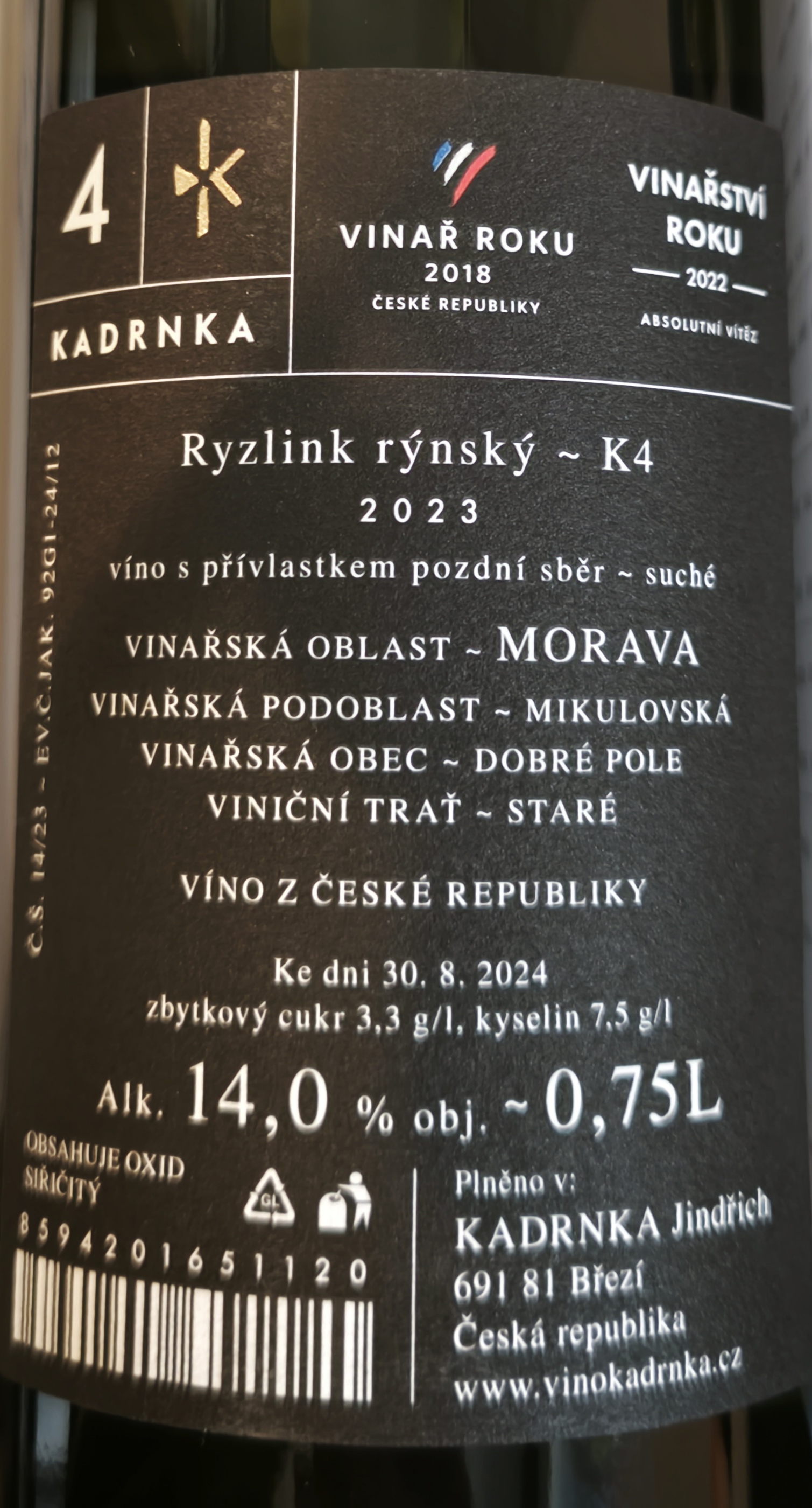 Etiketa K4 Jindřich IV. Ryzlink rýnský