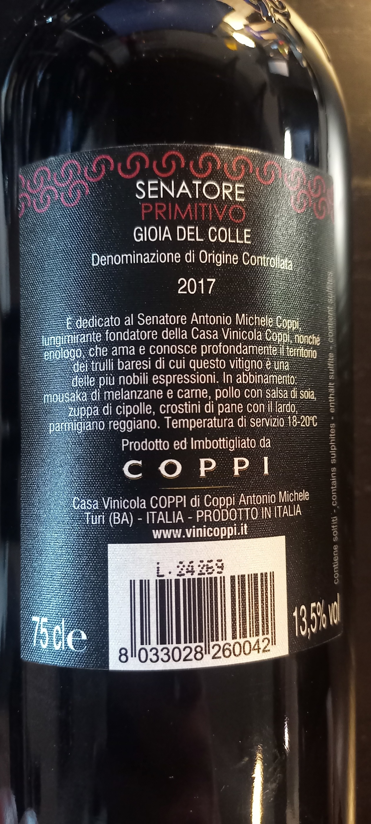 Etiketa Primitivo Gioia del Colle Senatore