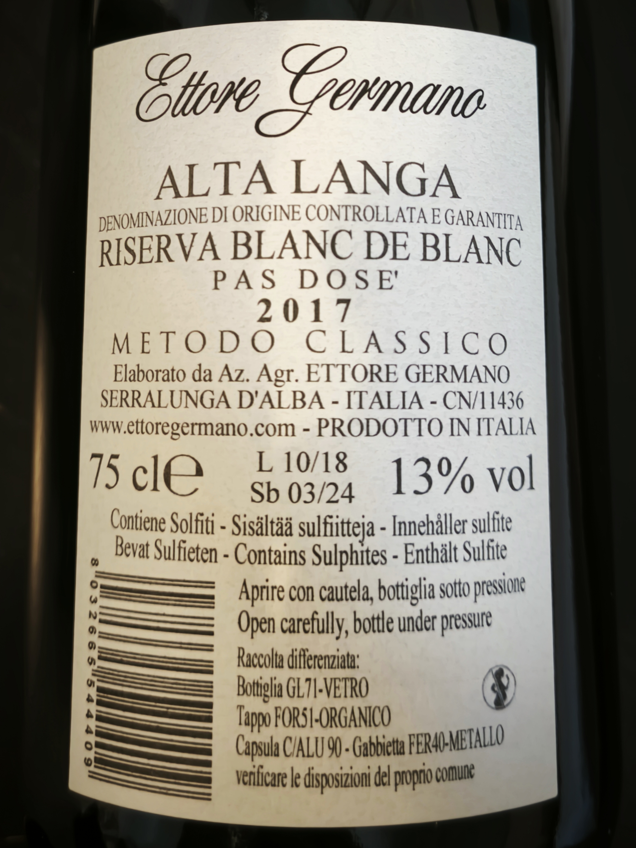Etiketa Alta Langa Riserva Blanc de Blanc Pas Dosé